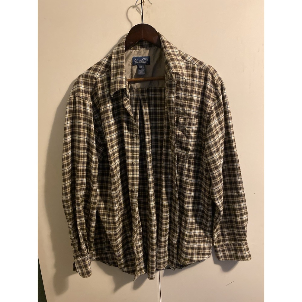 Vintage Arnold Palmer Plaid Flannel Shirt Mens Large L Brown Beige Long Sleeve